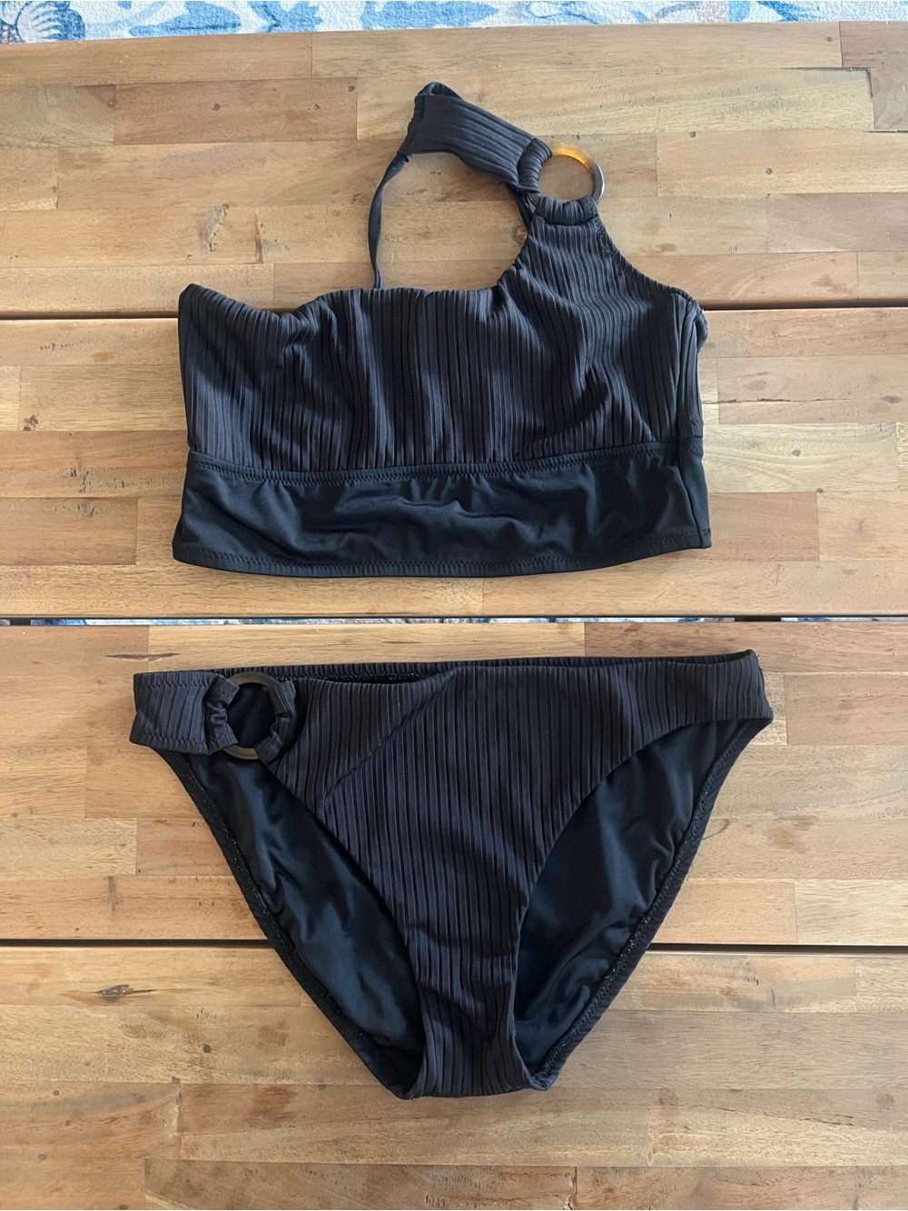 Sanctuary Black Ribbed One-Shoulder Bikini Set with Ring Accents